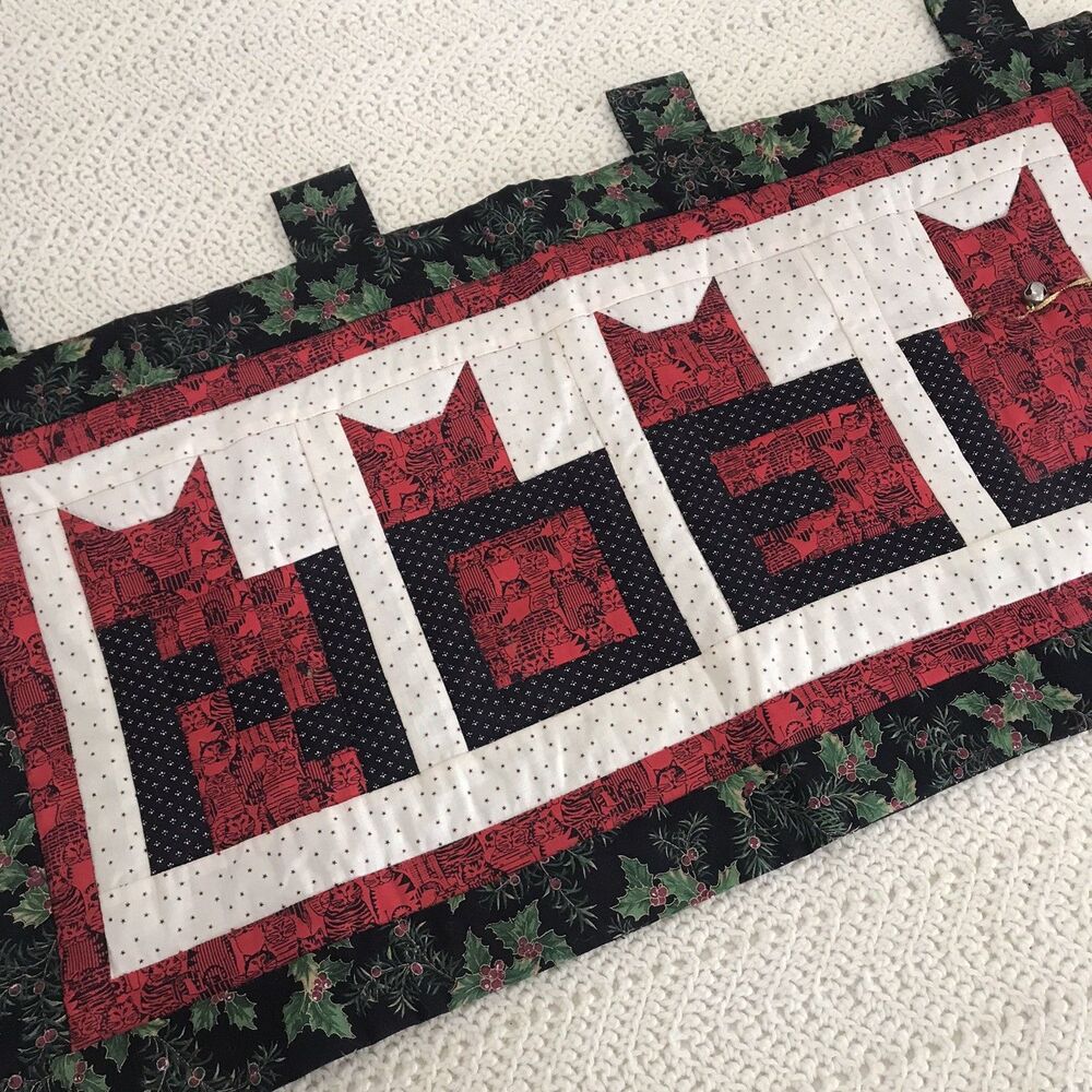 Collectible Handmade Quilted Applique Christmas Cat Wall Hanging 29x17